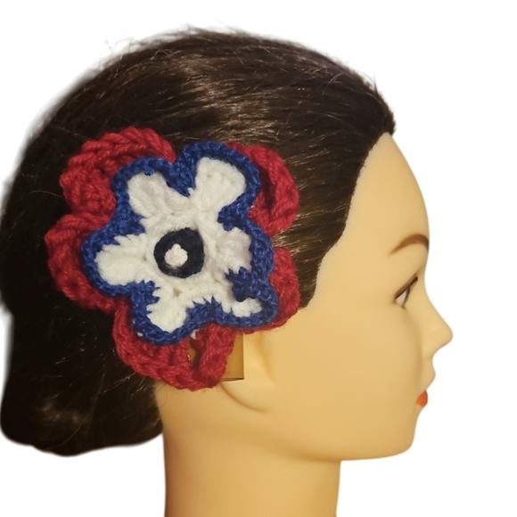 Handmade Red and Blue Crochet Flower Hair Clip Hand Crafted Brooch Patriotic 4" - Picture 7 of 17